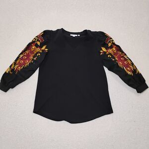 Embroidered Sequin Peacock Blouse Puff Sleeves Maximalist Artsy Glam Sz 0 / Xs